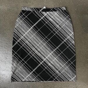 Alfani Skirt Womens Medium Black White Plaid Knit Pencil Pull On Stretch Career